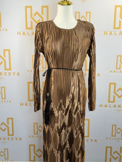 Long Sleeve Pleated Silk Maxi Belted Dress