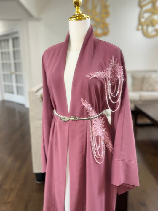 Pink Open Abaya With Embellished Beadwork On Shoulder
