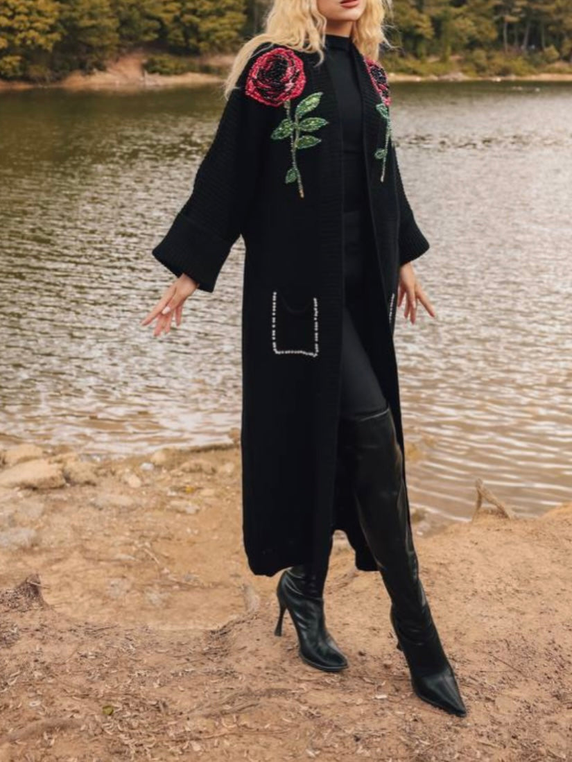 Embellished Beaded Black Knit Cardigan With Red Rose