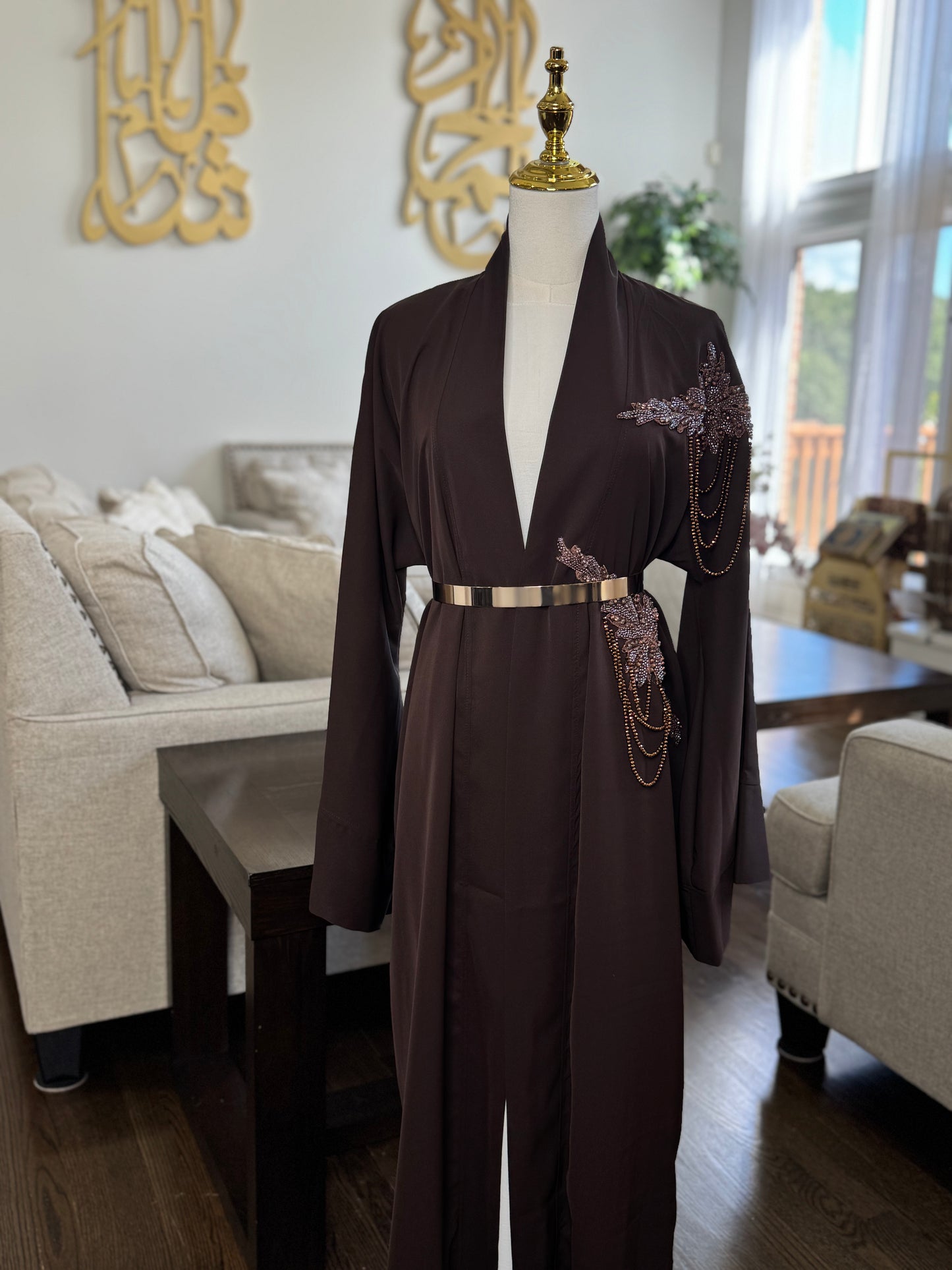 Brown Open Abaya With Embellished Beadwork On Shoulder