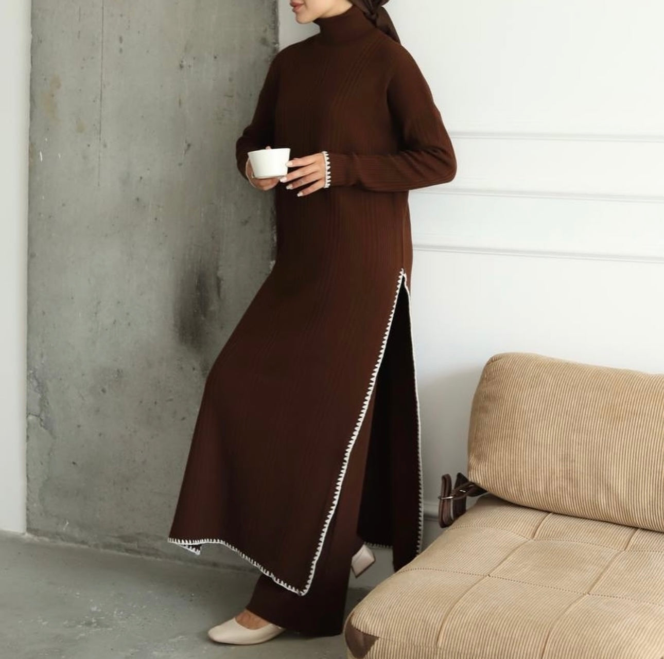 2 Pcs Knit-Crochet Details Pants Set Turtleneck Full Length top