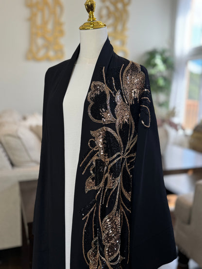 One Side Embellished Beaded Open Abaya