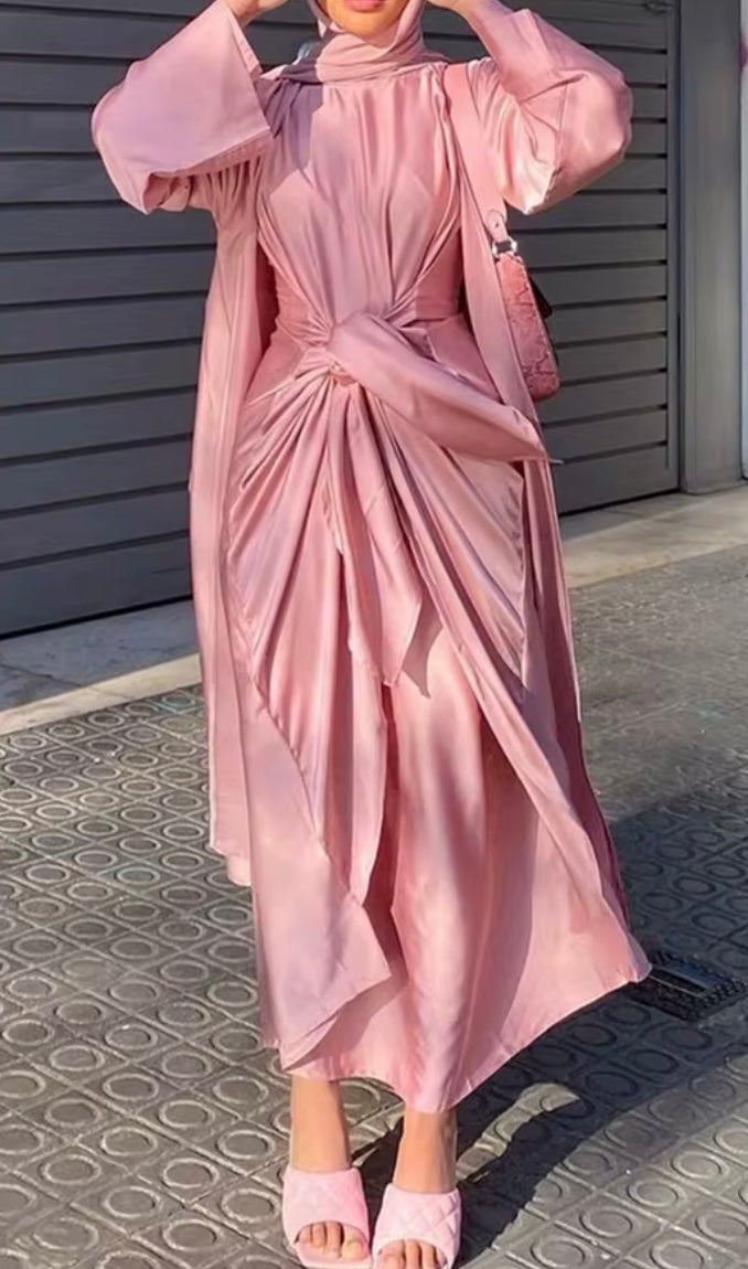 Satin Abaya Modest Dress Long Kimono Abaya Tie-Wrap Skirt