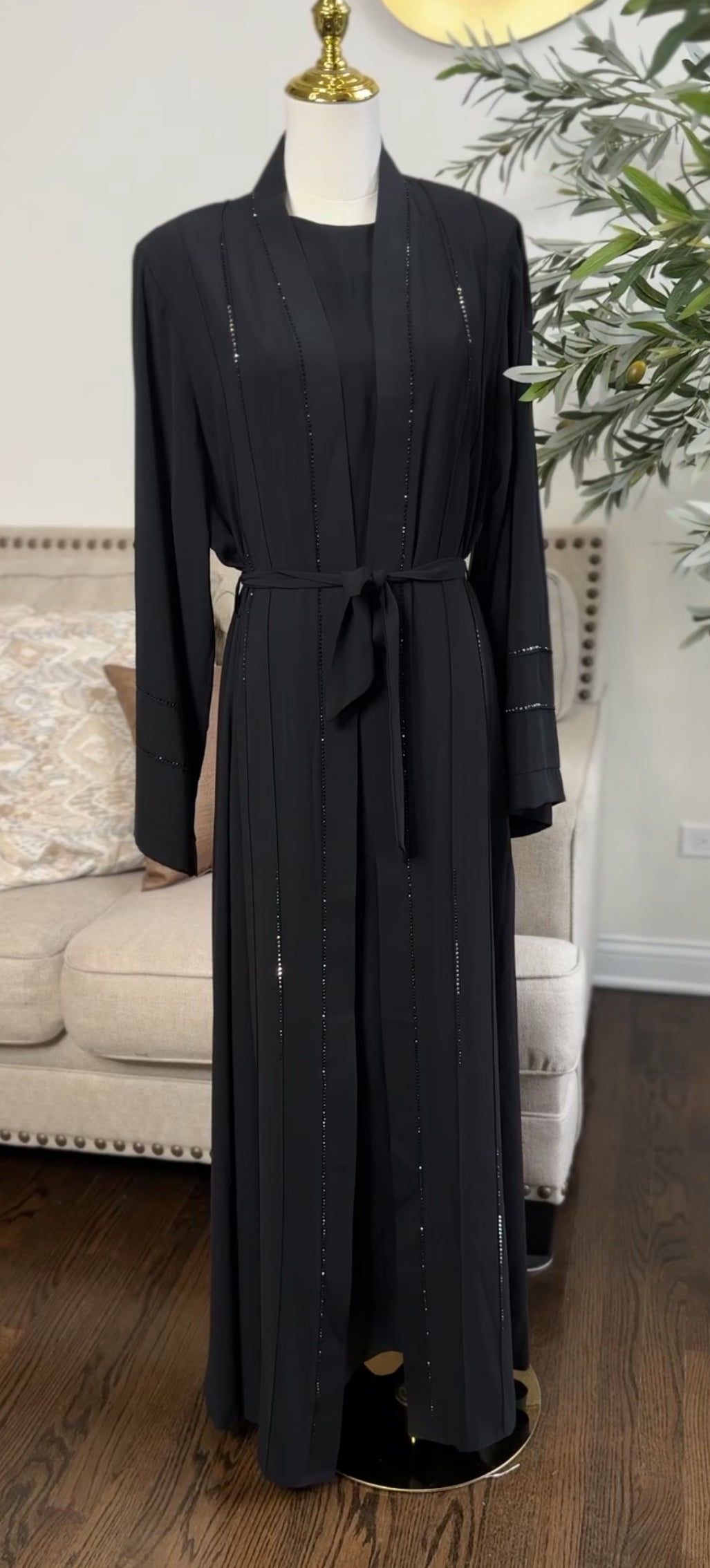 3 Pcs Elegant Rhinestone Embellished open Abaya with belt