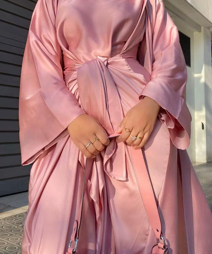 Satin Abaya Modest Dress Long Kimono Abaya Tie-Wrap Skirt