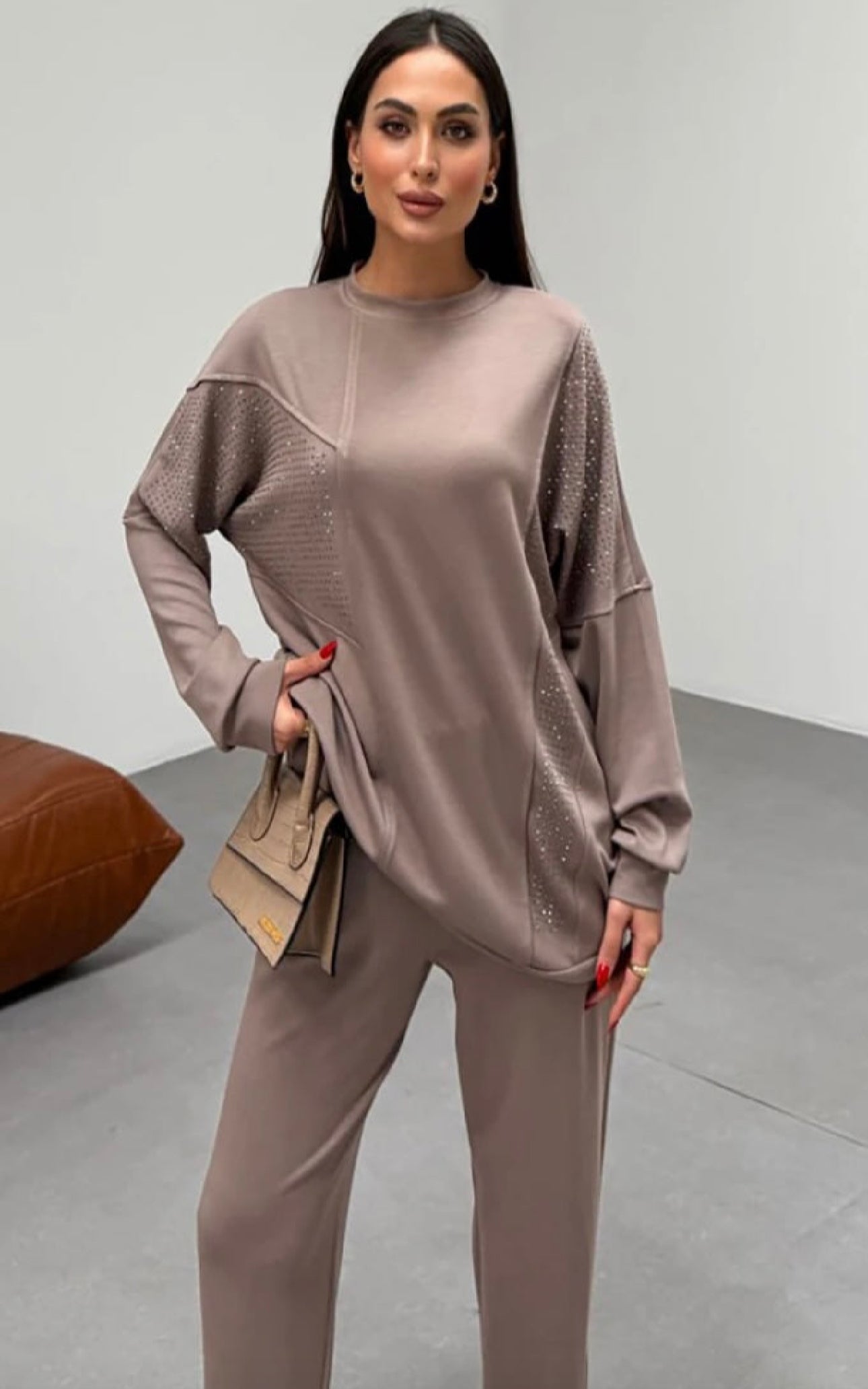 Everyday Modest taupe Two-Piece Set with Embellishments