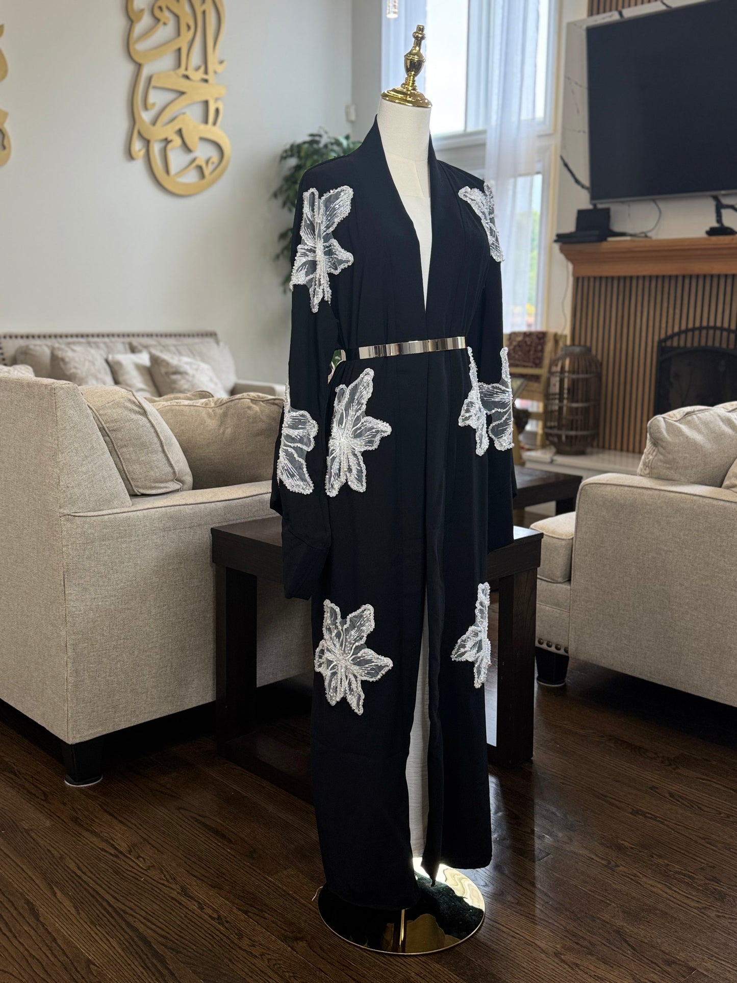Lace Blossoms Cequin  Floral Detailing on a Luxurious Open Abaya