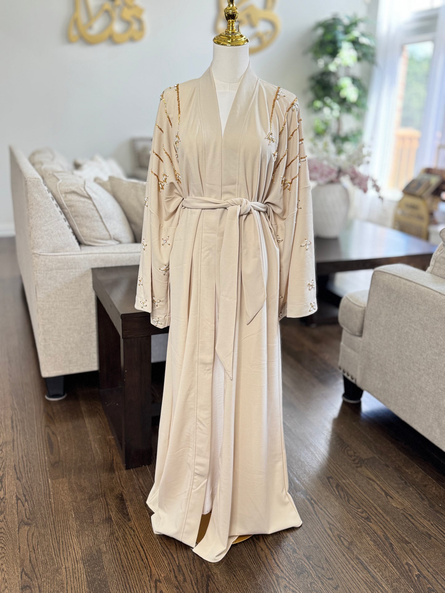 Pearls Beaded Butterfly Open Abaya