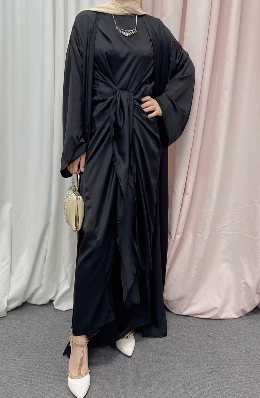 Satin Abaya Modest Dress Long Kimono Abaya Tie-Wrap Skirt