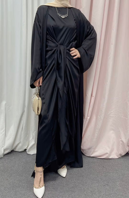 Satin Abaya Modest Dress Long Kimono Abaya Tie-Wrap Skirt