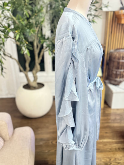 Blue Fog Ruffle Sleeve Tie Maxi Dress