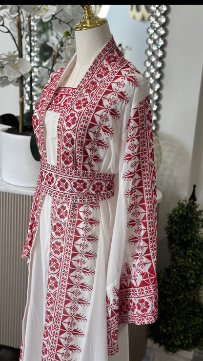 3 Pcs White Palestinian Embroidered Tatreez Open Abaya Thobe