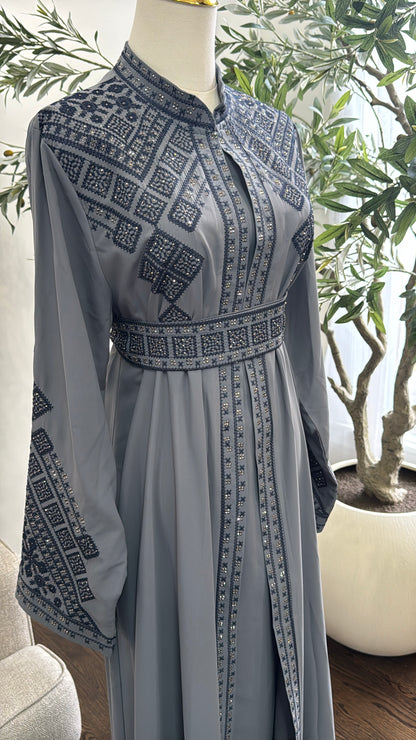 3 pcs Gray Satin Palestinian traditional Black embroidered tatreez open abaya Thobe