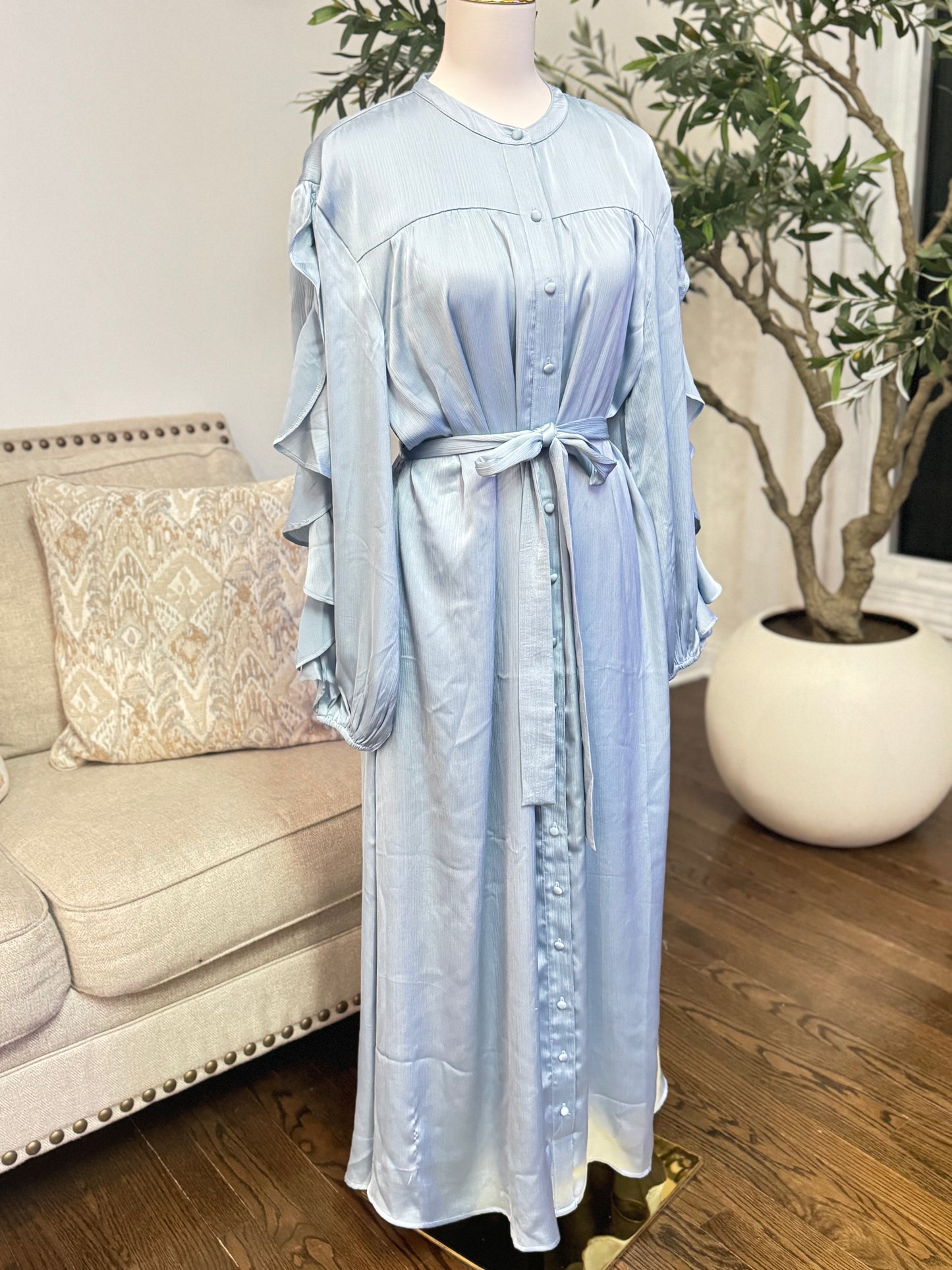 Blue Fog Ruffle Sleeve Tie Maxi Dress