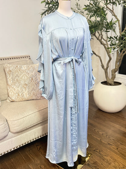 Blue Fog Ruffle Sleeve Tie Maxi Dress