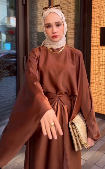 Satin Wide Sleeves Butterfly Waist Tie Wrap Skirt Set