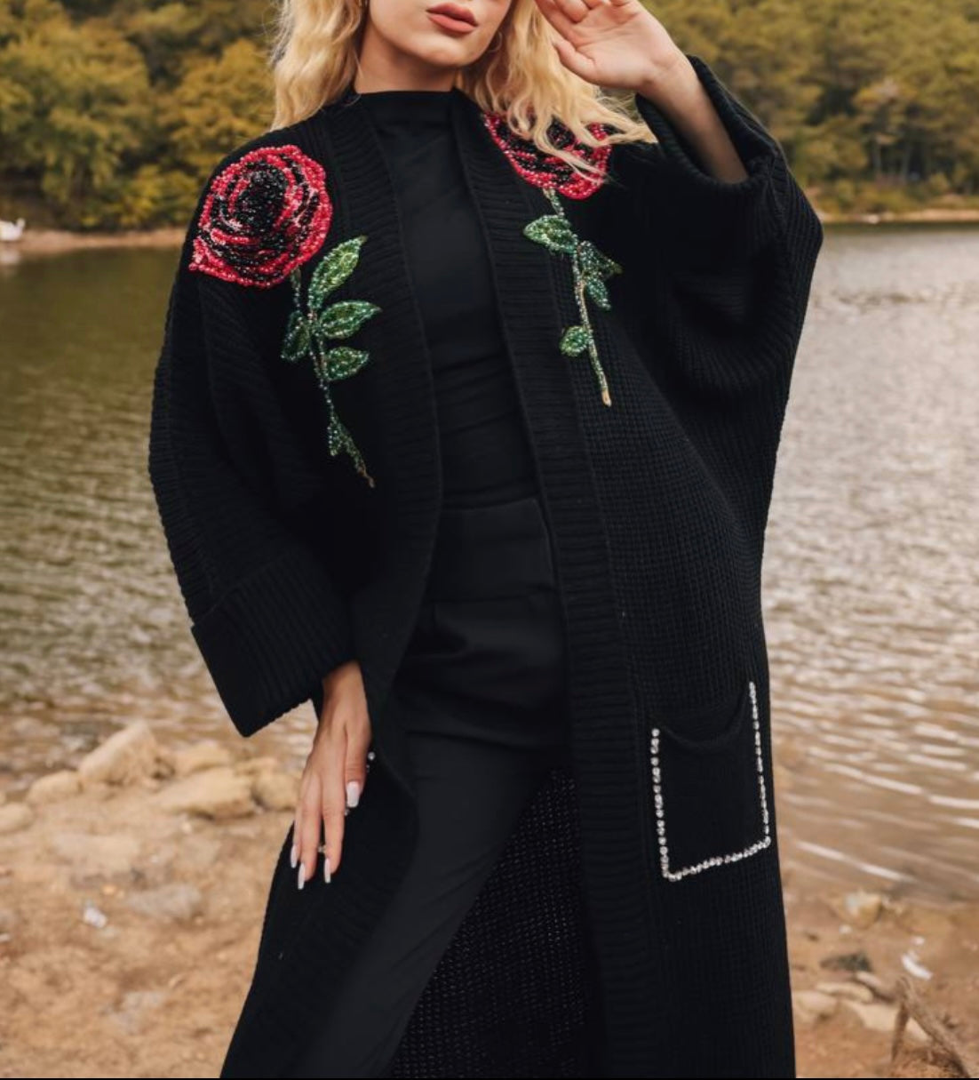 Embellished Beaded Black Knit Cardigan With Red Rose