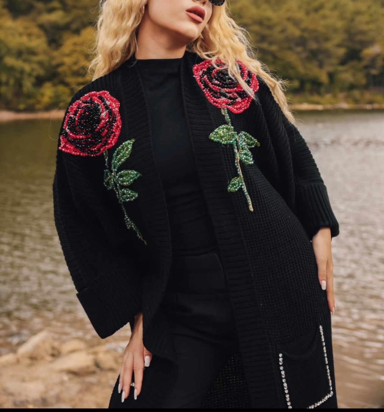 Embellished Beaded Black Knit Cardigan With Red Rose