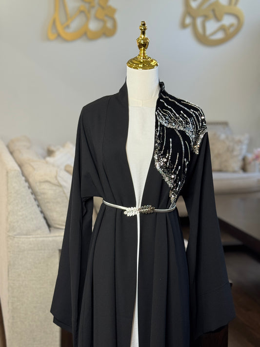 Open Abaya With Embellished Leaves Shape Beadwork On Shoulder