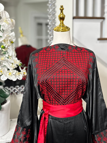 Black Satin Embroidered Thobe with Wide Sleeves