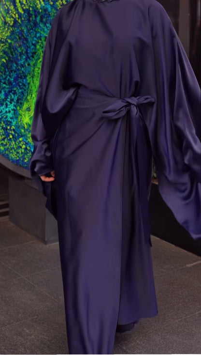 Satin Wide Sleeves Butterfly Waist Tie Wrap Skirt Set