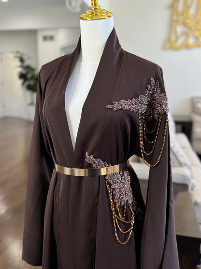 Brown Open Abaya With Embellished Beadwork On Shoulder