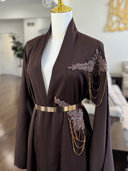 Brown Open Abaya With Embellished Beadwork On Shoulder
