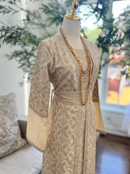 3 Pcs Tatreez Beige Open Abaya Thobe