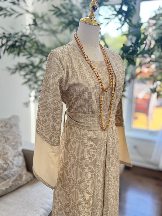 3 Pcs Tatreez Beige Open Abaya Thobe