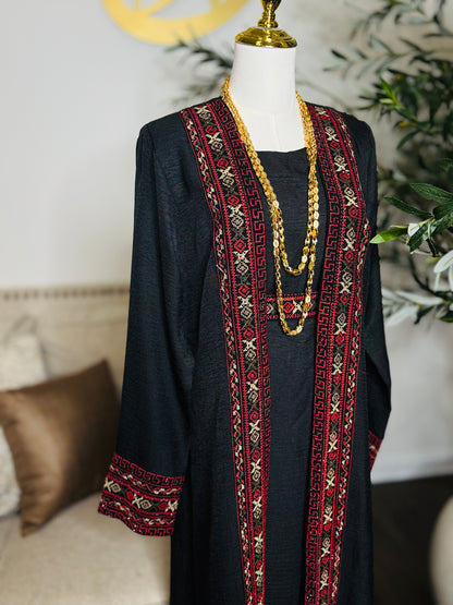 3 pcs Palestinian traditional embroidered tatreez open abaya Thobe