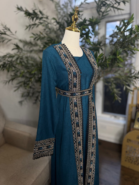 3 pcs Teal Palestinian traditional embroidered tatreez open abaya Thobe