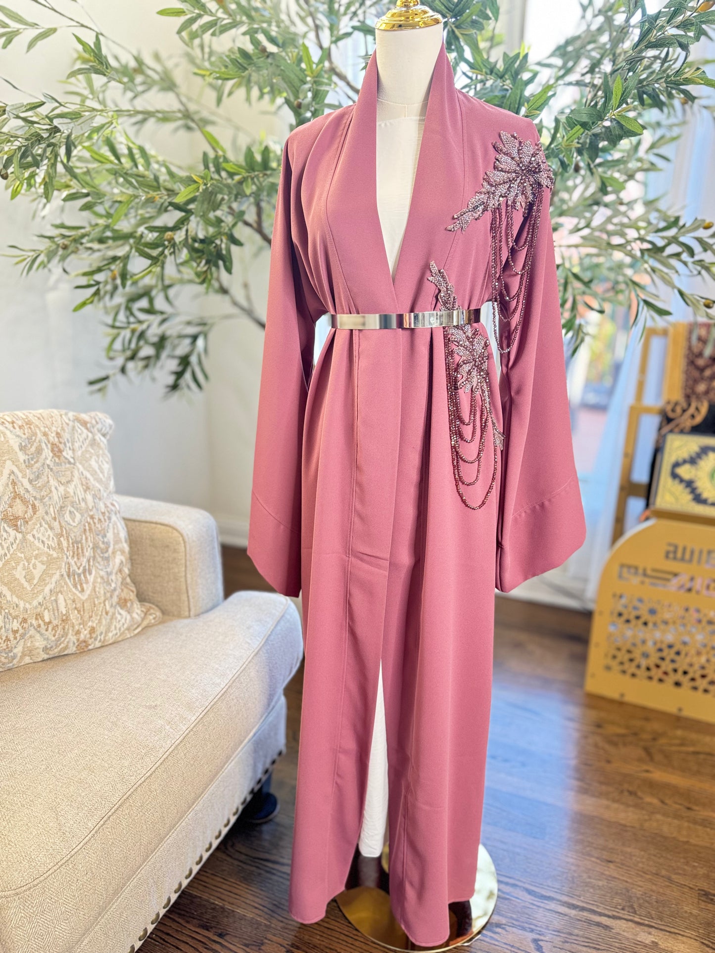 Pink Open Abaya With Embellished Beadwork