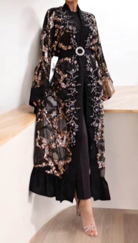 Handwork Sequins and Beaded Mesh Black Abaya with Wide Sleeves