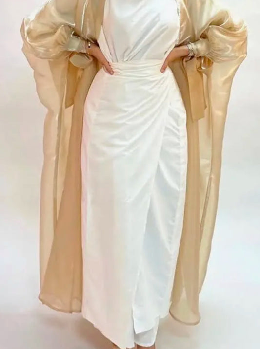 Shiny Puff Sleeve Organza Open Abaya