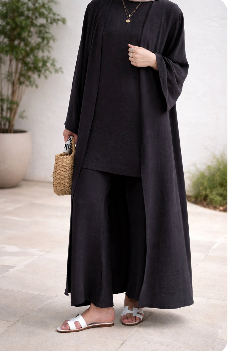 3 Pieces Set Plain Open Abaya Top and Pants Suit Sets
