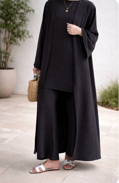 3 Pieces Set Plain Open Abaya Top and Pants Suit Sets