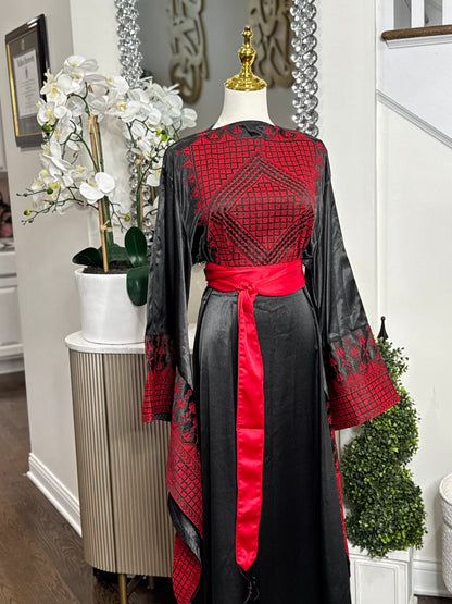 Black Satin Embroidered Thobe with Wide Sleeves
