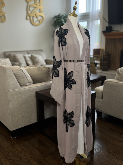 Lace Blossoms Cequin  Floral Detailing on a Luxurious Open Abaya