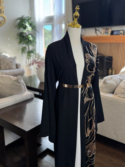 One Side Embellished Beaded Open Abaya