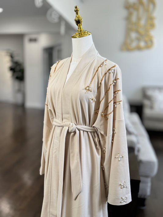 Pearls Beaded Butterfly Open Abaya