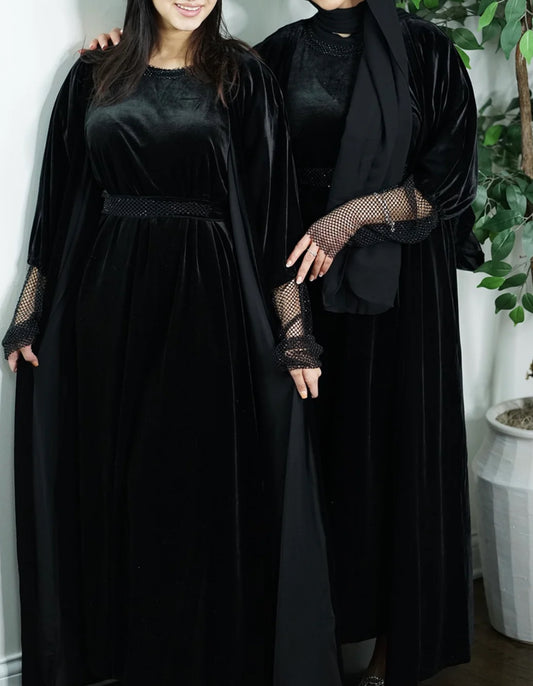DUBAI Black Velvet Embellished cuffed Abaya ( 4 pcs set)