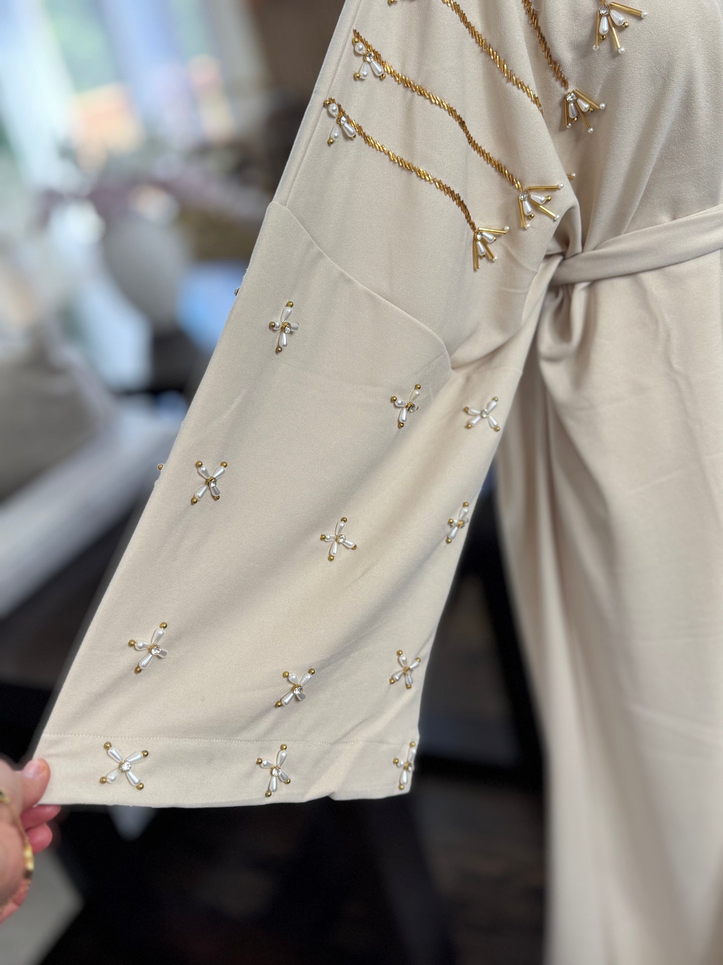 Pearls Beaded Butterfly Open Abaya