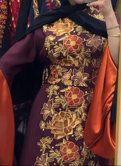 Mermaid Floral Embroidered Thobe with Satin Sleeves