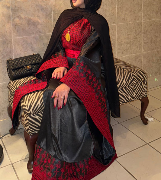 Black Satin Embroidered Thobe with Wide Sleeves