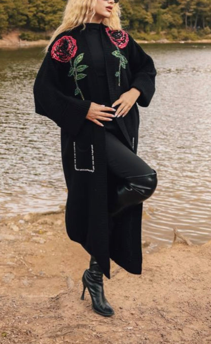 Embellished Beaded Black Knit Cardigan With Red Rose