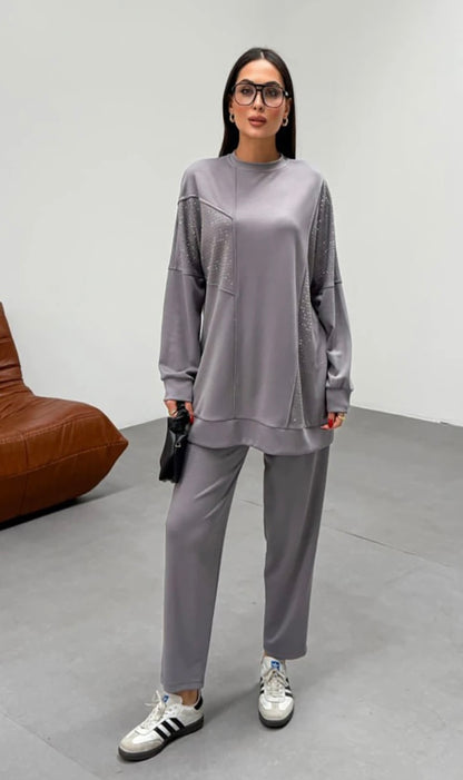 Everyday Modest Gray Two-Piece Set with Embellishments