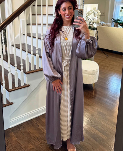 Satin Kimono Cardigan Bubble Sleeves Abaya