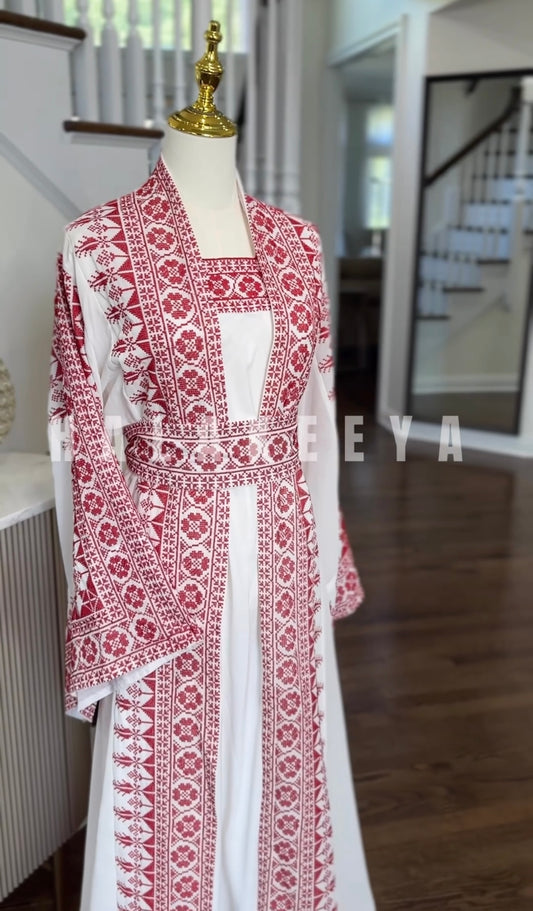 3 Pcs White Palestinian Embroidered Tatreez Open Abaya Thobe