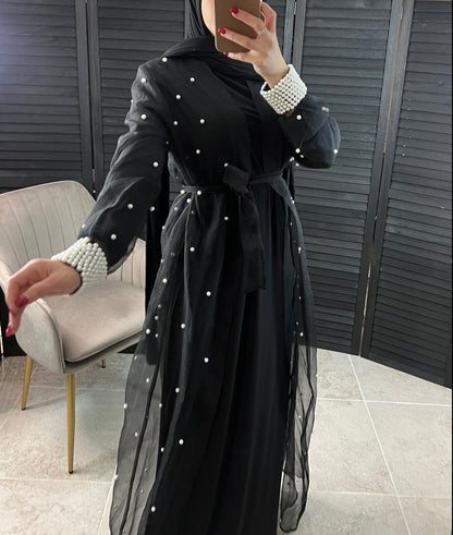 Pearl Embellished 3 PCS Tulle Abaya with Belt