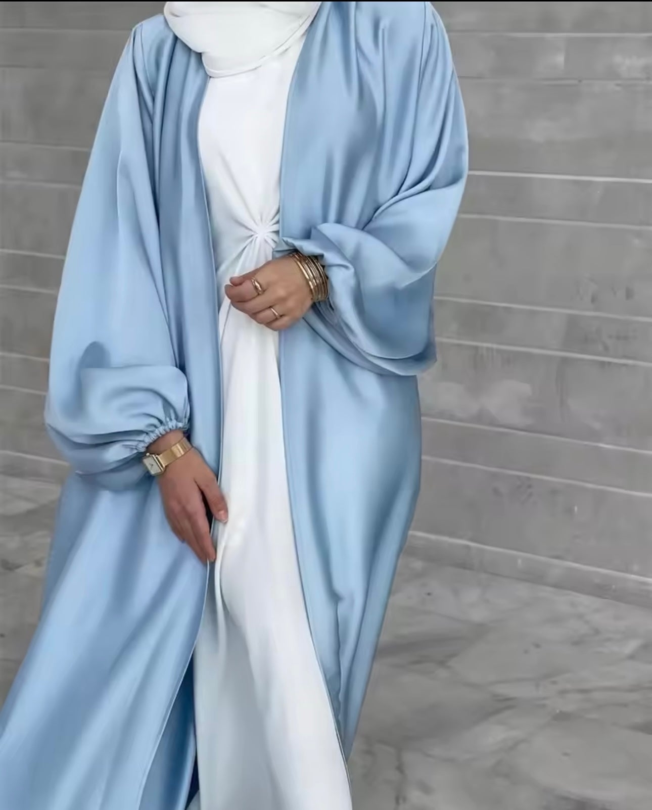 Satin Kimono Cardigan Bubble Sleeves Abaya